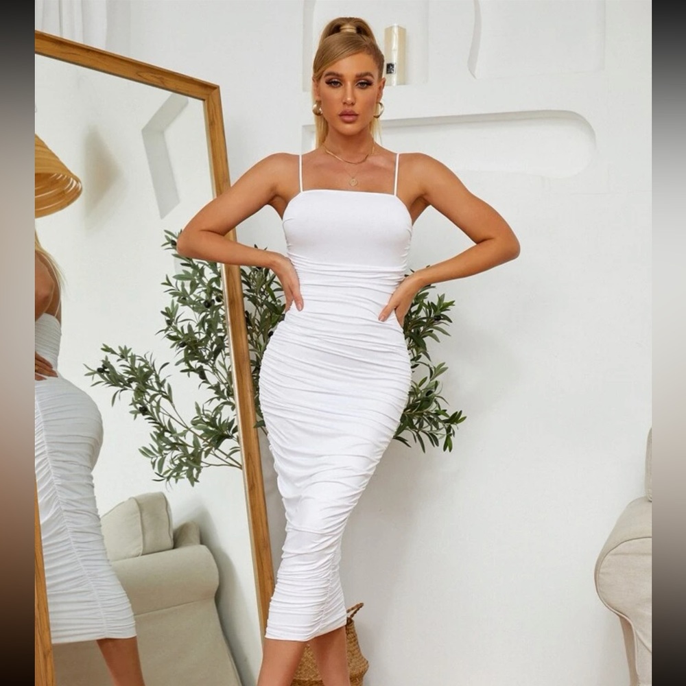 BooHoo White Ruched Bodycon Dress